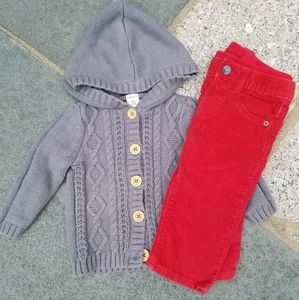 Carters gray sweater with red GAP corduroy pants
